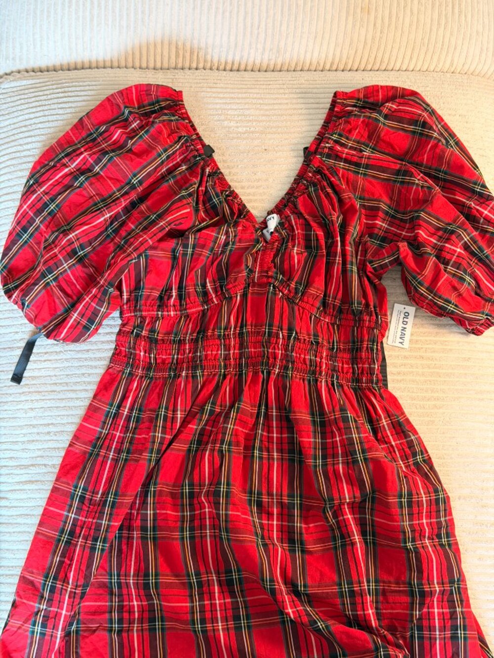 Red Tartan Short Puff Sleeve Dress